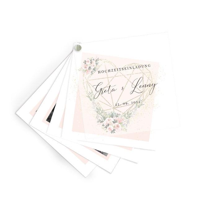 Transparente Einladung zur Hochzeit mit Rosen und goldenen Geometrierahmen in Rosa