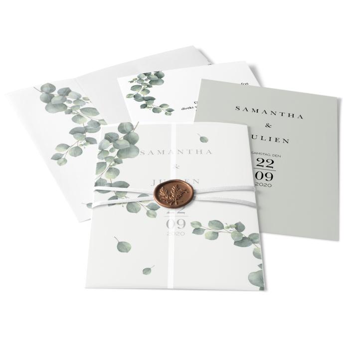 Transparente Greenery Hochzeitseinladung mit Eukalyptus und Siegel