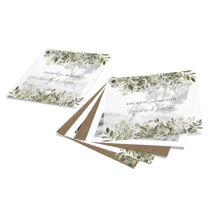Transparente Greenery Hochzeitseinladung mit Gräsern und Kraftpapier