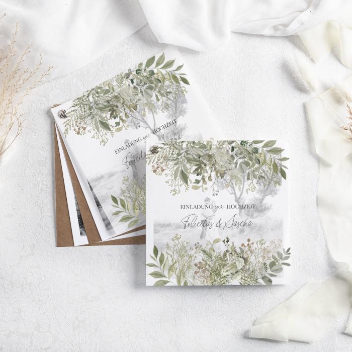 Transparente Greenery Hochzeitseinladung mit Gräsern und Kraftpapier