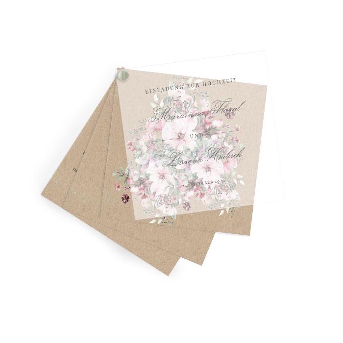 Transparente Hochzeitseinladung in Kraftpapier Optik mit Aquarellblumen