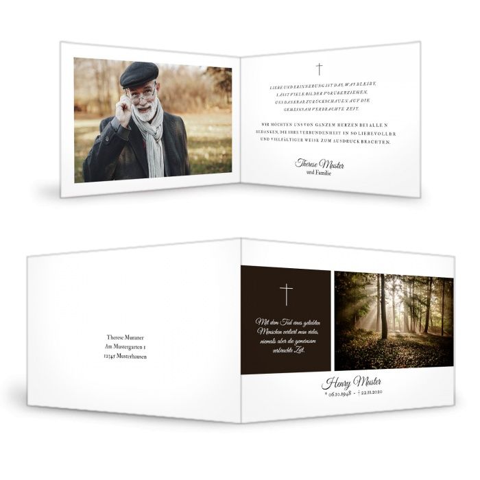 Trauerdanksagungskarte mit Waldmotiv und Erinnerungsfoto