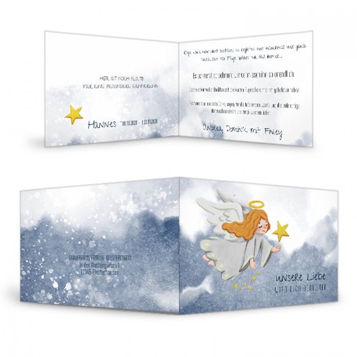 Trauerkarte Danksagung für Sternenkind mit Engel und Stern