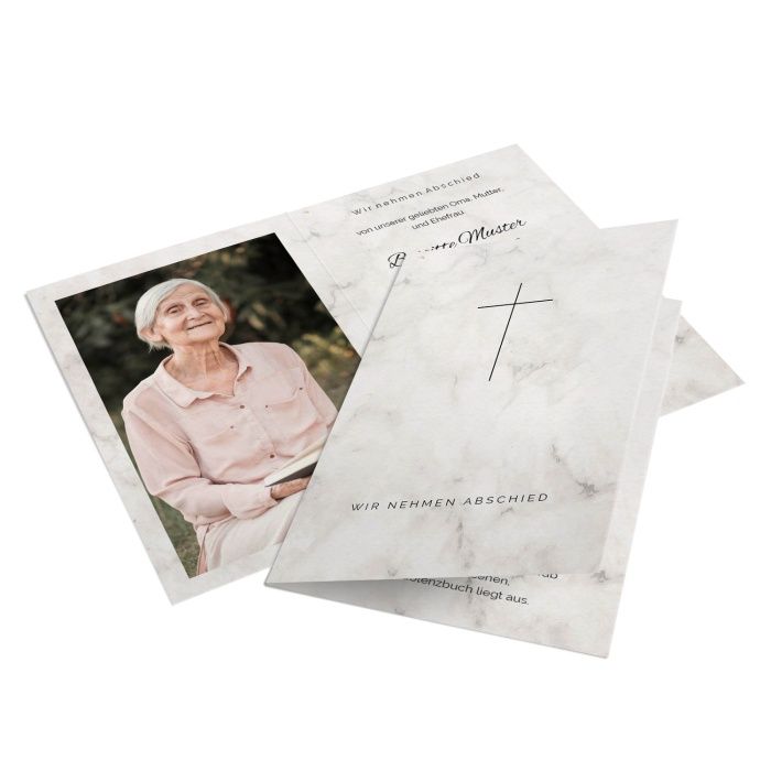Trauerkarte in Marmoroptik mit Kreuz und Foto