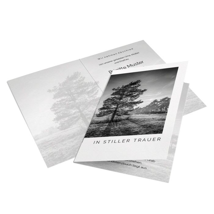 Trauerkarte mit Baum und Sonnenstrahlen