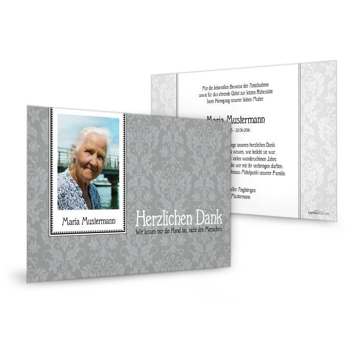 Elegante Trauerkarte mit Foto und barockem Muster in Grau