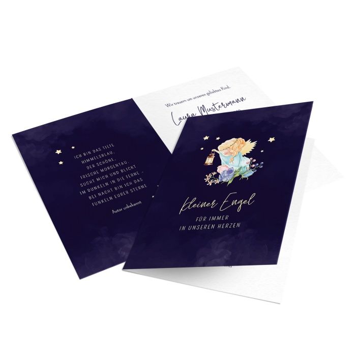 Trauerkarte für Sternen Kinder mit kleinem Engel und Blumen