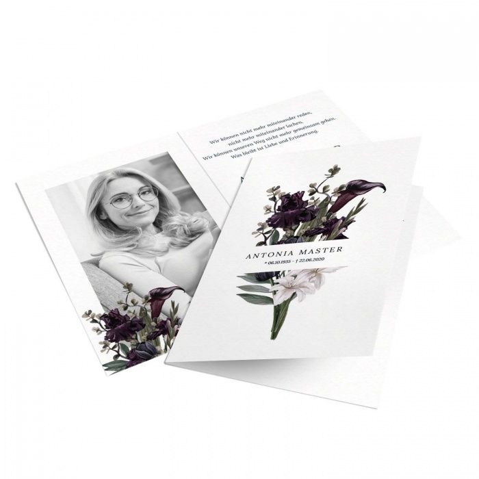 Trauerkarten mit dezenten Lilienbouquet und Foto