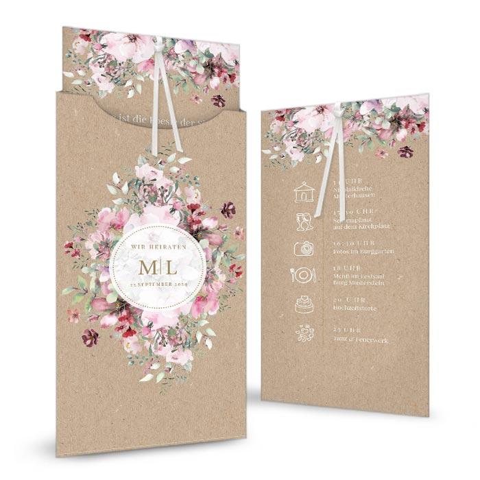 Traumhafte Hochzeitseinladung mit Aquarellblumen in Kraftpapieroptik