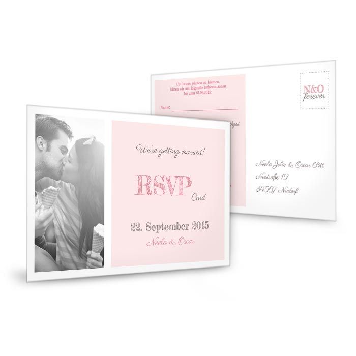Antwortkarte zur Hochzeitseinladung in Rosa mit großem Foto