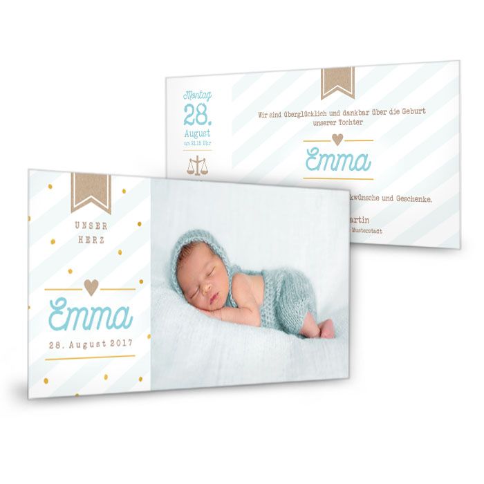 Geburtskarte mit großem Foto und blauem Streifendesign