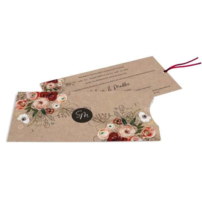 Vintage Hochzeitseinladung in Kraftpapier Optik mit roten Aquarellblumen als Einsteckkarte