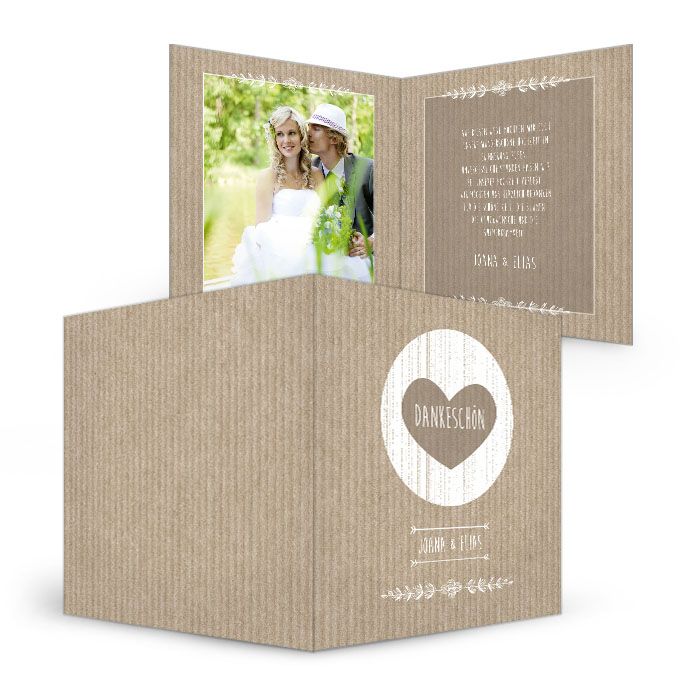 Danksagung zur Hochzeit in Packpapieroptik in Braun mit Herz