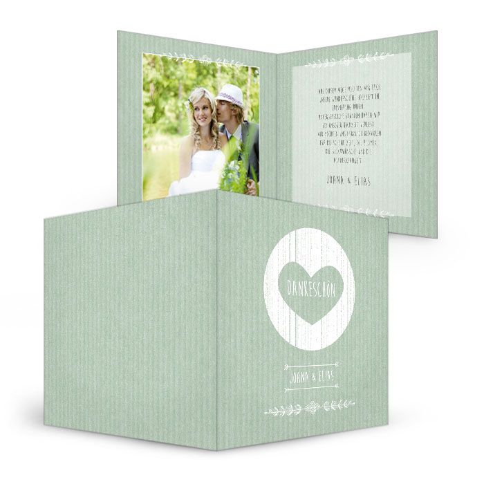 Danksagung zur Hochzeit in Packpapieroptik in Grün mit Herz