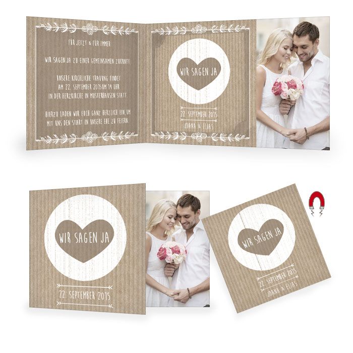 Vintage Hochzeitseinladung im Packpapier-Design mit Magnet