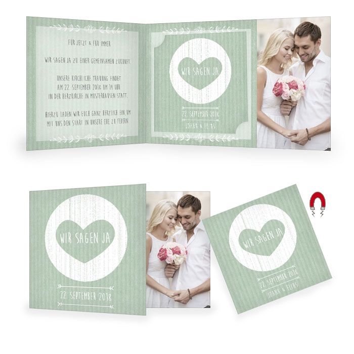 Hochzeitseinladung im Packpapier-Design mit Magnet in Grün