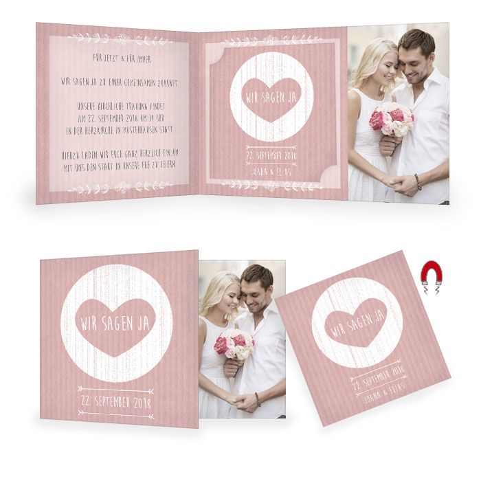 Hochzeitseinladung im Packpapier-Design mit Magnet in Rosa