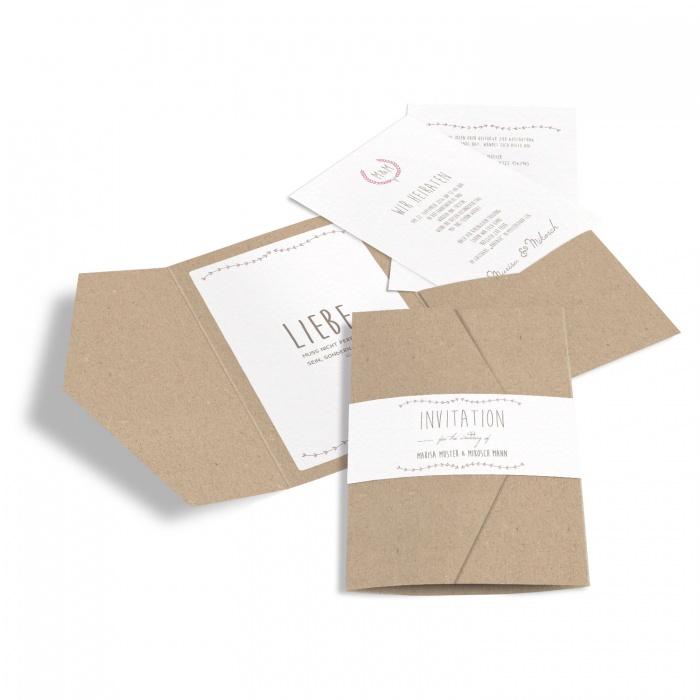Hochzeitseinladung als Pocket Fold im Kraftpapierdesign