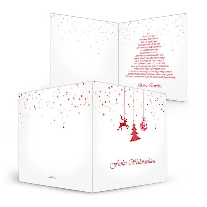 Moderne Weihnachtskarte mit Baumschmuck in Rot