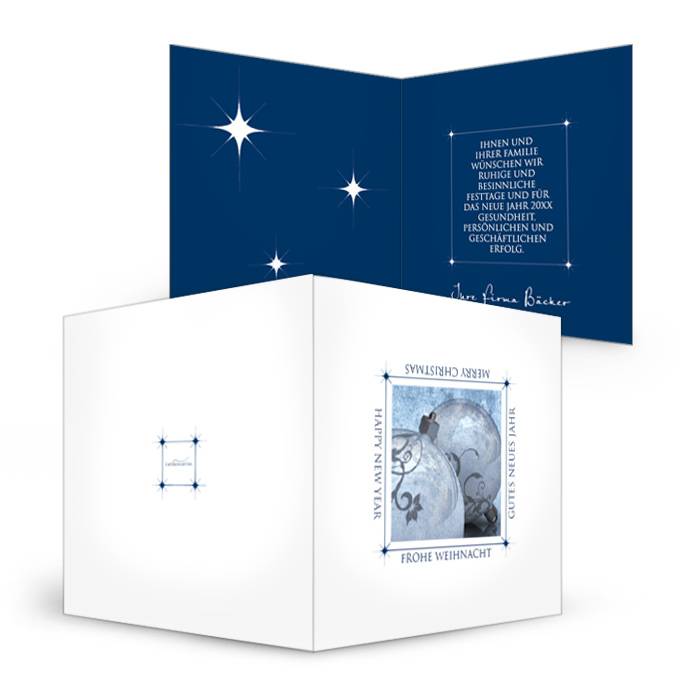 Klassische und schlichte Weihnachtskarte in Weiß und Blau