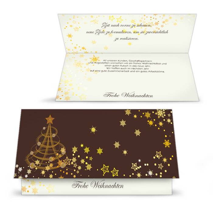 Klassische Weihnachtskarte in Braun mit goldenen Schneeflocken