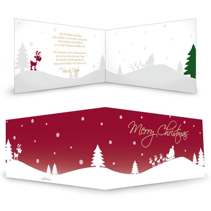 Moderne Weihnachtskarte mit Rentier und Winterlandschaft in Rot