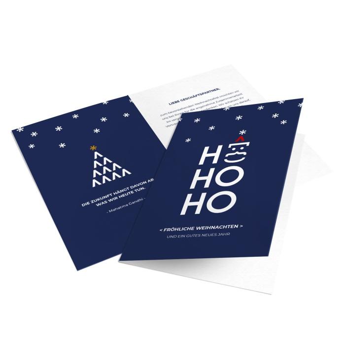 Weihnachtskarte für Software-Unternehmen mit weihnachtlichen ASCII-Zeichen in Blau
