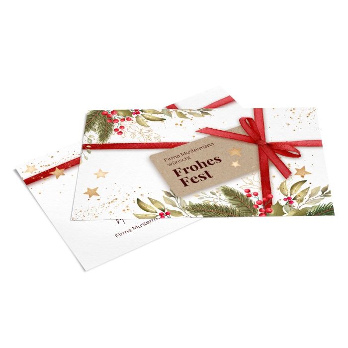 Weihnachtskarte für Firmen als Geschenkmotiv mit Schleife in Weiß