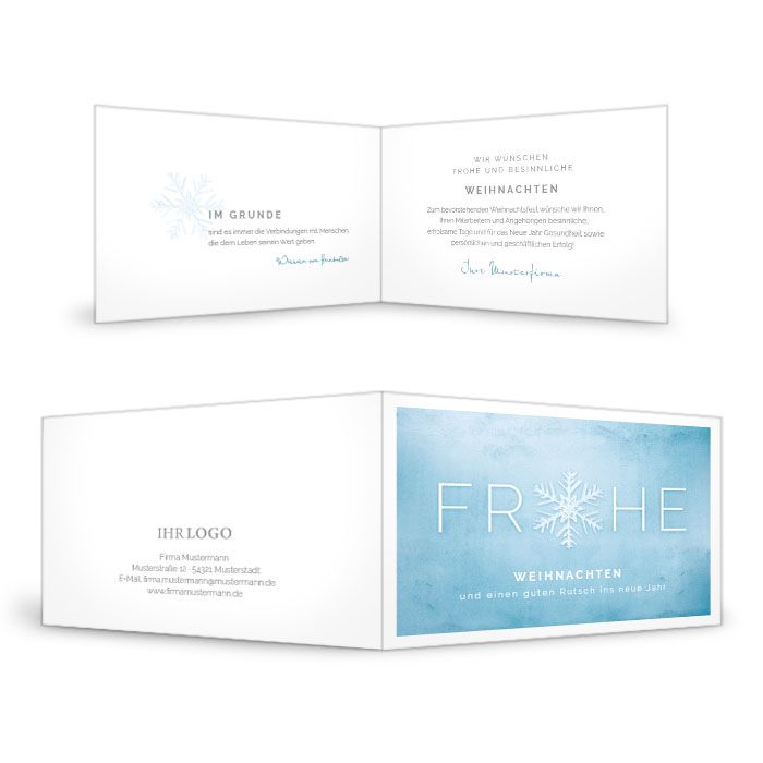 Weihnachtskarte für Firmen mit Eiskristall-Motiv in Hellblau