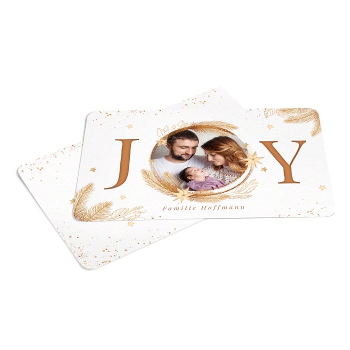 Weihnachtskarte JOY mit Foto und wunderschönem goldenen Dekor