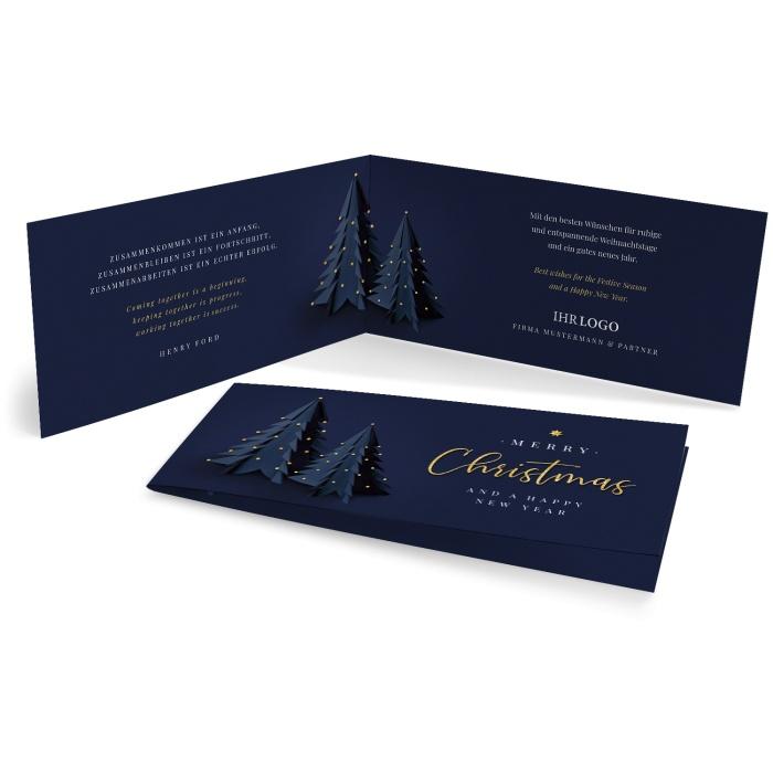 Weihnachtskarte mit Origami Weihnachtsbäumen in Blau