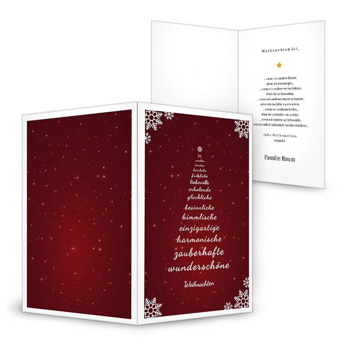  Weihnachtskarte mit Tannenbaum aus Wörtern für Weihnachtsgrüße