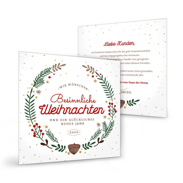 elegante Weihnachtskarte mit Weihnachtskranz in Weiß