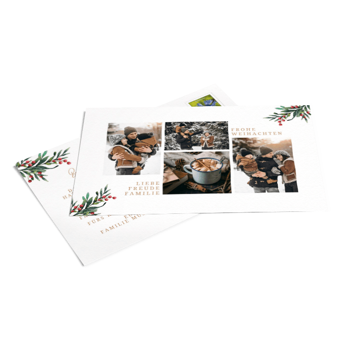 Weihnachtspostkarte mit vielen Fotos und Mistelzweig