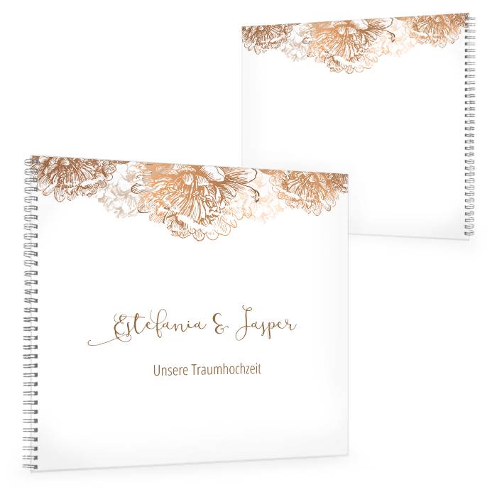 Gästebuch zur Hochzeit in Weiß mit Blüten in Kupfer