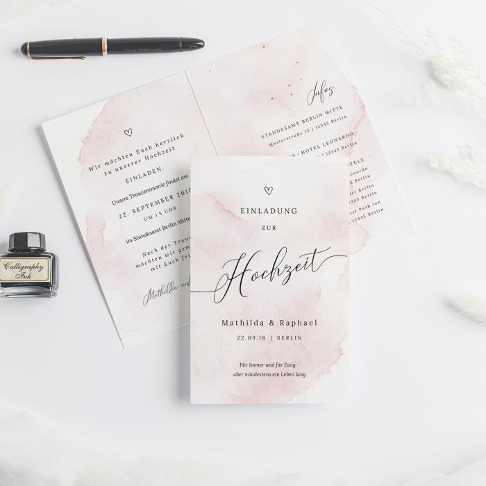 Hochzeitseinladung mit Kalligraphie und rosa Watercolordesign