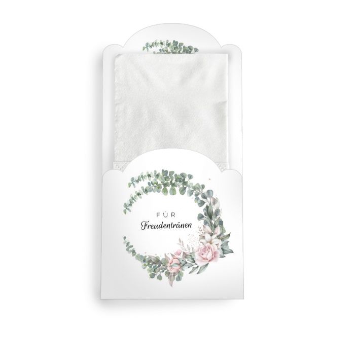 Wunderschöne Taschentuchhülle zur Hochzeit mit Eukalyptuskranz