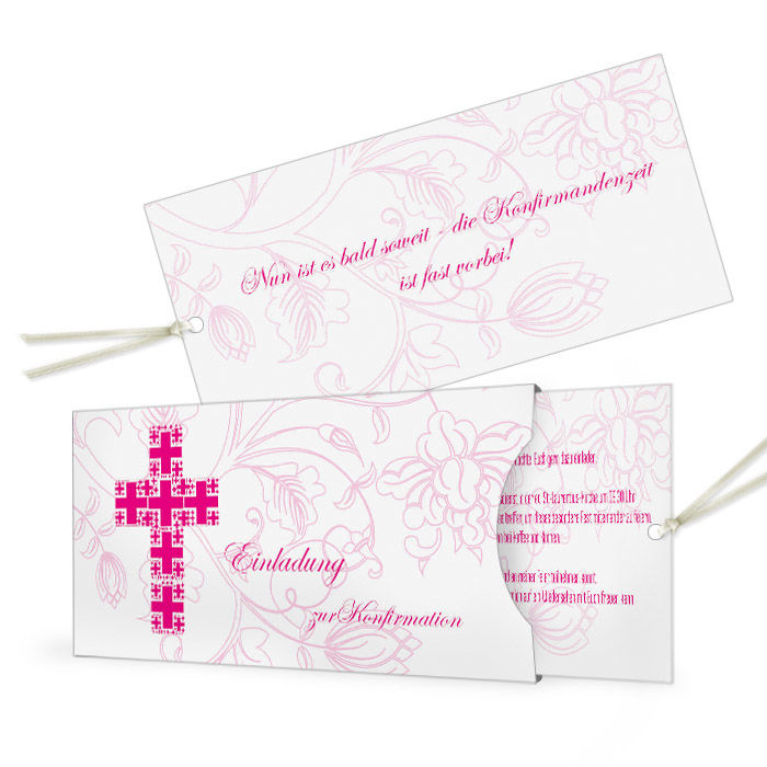 Pinke Einladungskarte mit Kreuz zur Konfirmation + Kommunion