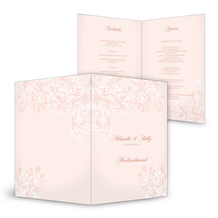 Romantische Menükarten mit floralem Design in Rosa