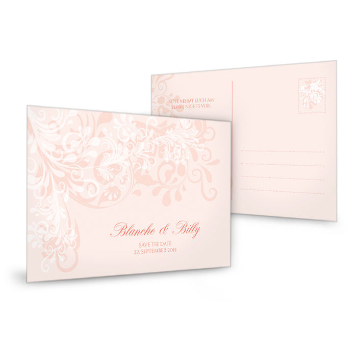 Romantische Save the Date Karte mit floralem Muster in Rosa