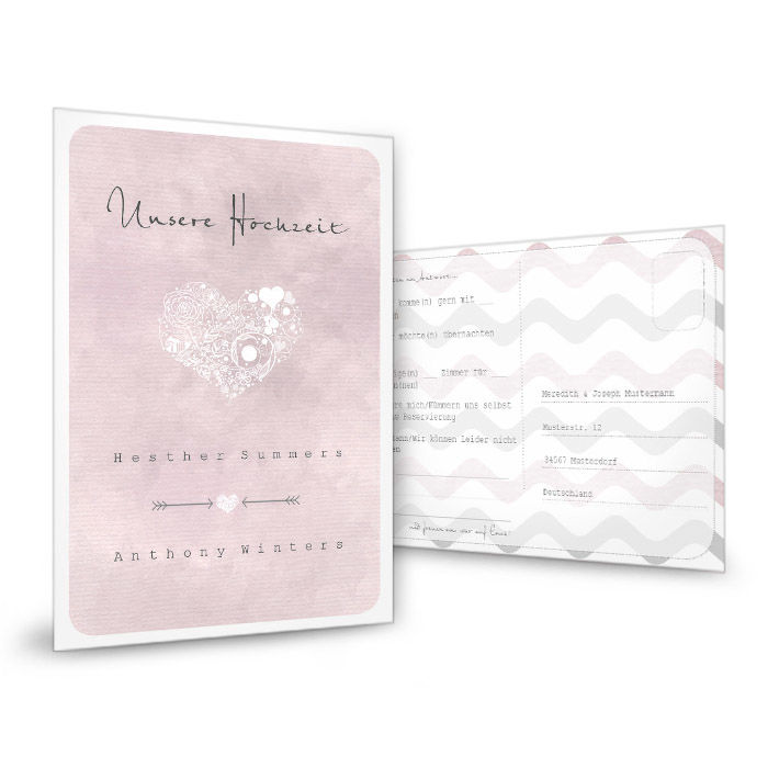 Antwortkarte zur Hochzeitseinladung mit Chevron Stil in Rosa