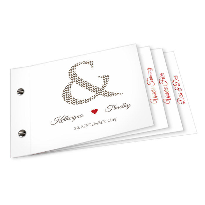Hochzeitseinladung mit &-Zeichen und rotem Herz als Booklet