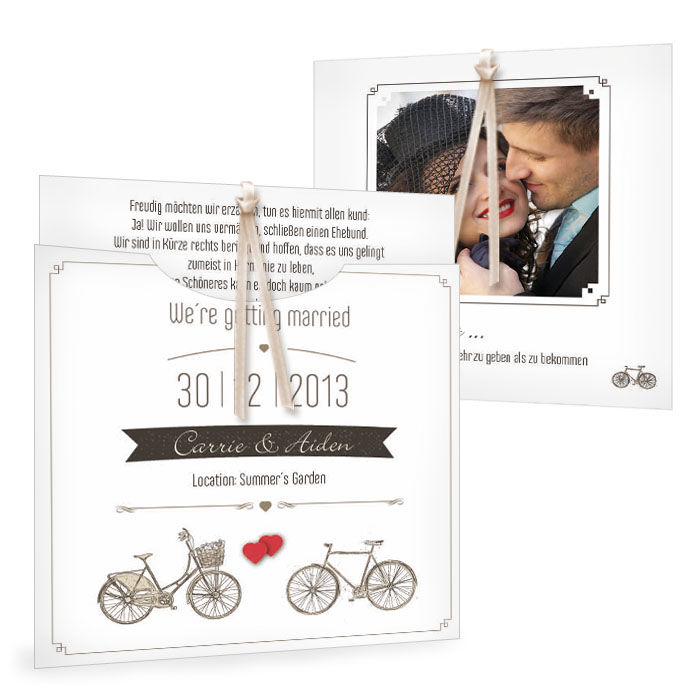 Einladung zur Hochzeit mit Vintage Fahrrad Motiv und Herz