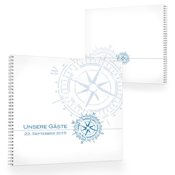 Gästebuch zur maritimen Hochzeit mit Kompass in Blau
