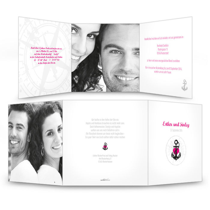 Maritime Einladung zur Hochzeit in Weiß mit Anker in Pink