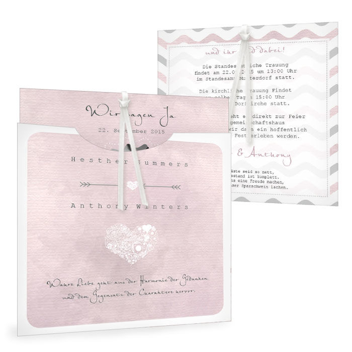 Hochzeitseinladung als Einsteckkarte im rosa Watercolorstil
