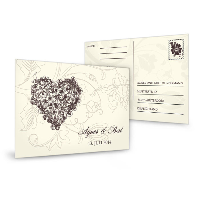 Antwortkarte zur Hochzeitseinladung mit Herz in Creme