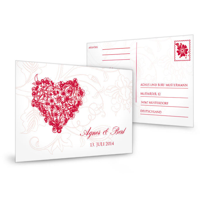 Antwortkarte zur Hochzeitseinladung mit floralem Herz in Rot