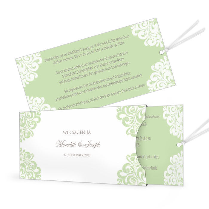 Hochzeitseinladung in barockem Stil als Einsteckkarte in Grün