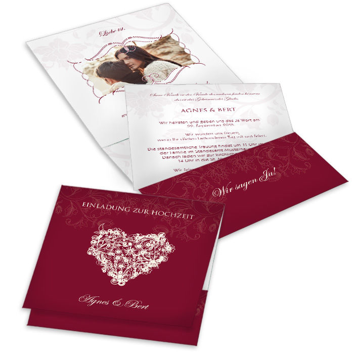Elegante Einladung zur Hochzeit als Pocket Fold in Bordeaux